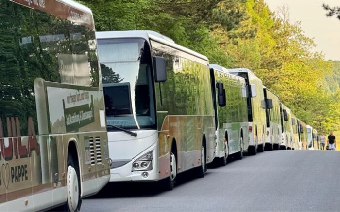 Busse in ländlicher Umgebung an Straße geparkt