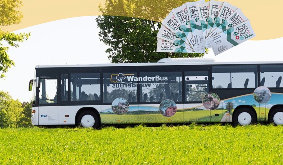 Wanderbus der EW Bus hält an einer Wiese - Tickets für die Landesgartenschau sind neben dem Bus zu sehen.
